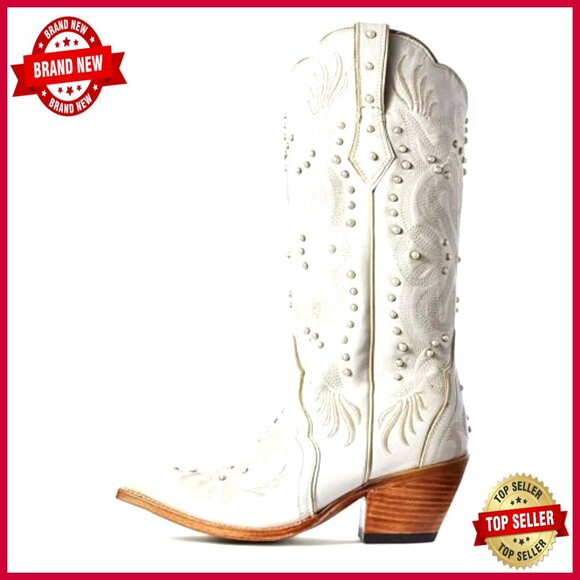 Pearl Embellished Knee High Cowboy Boots Chunky Heel Western Embroidery Pull On - Picture 4 of 7
